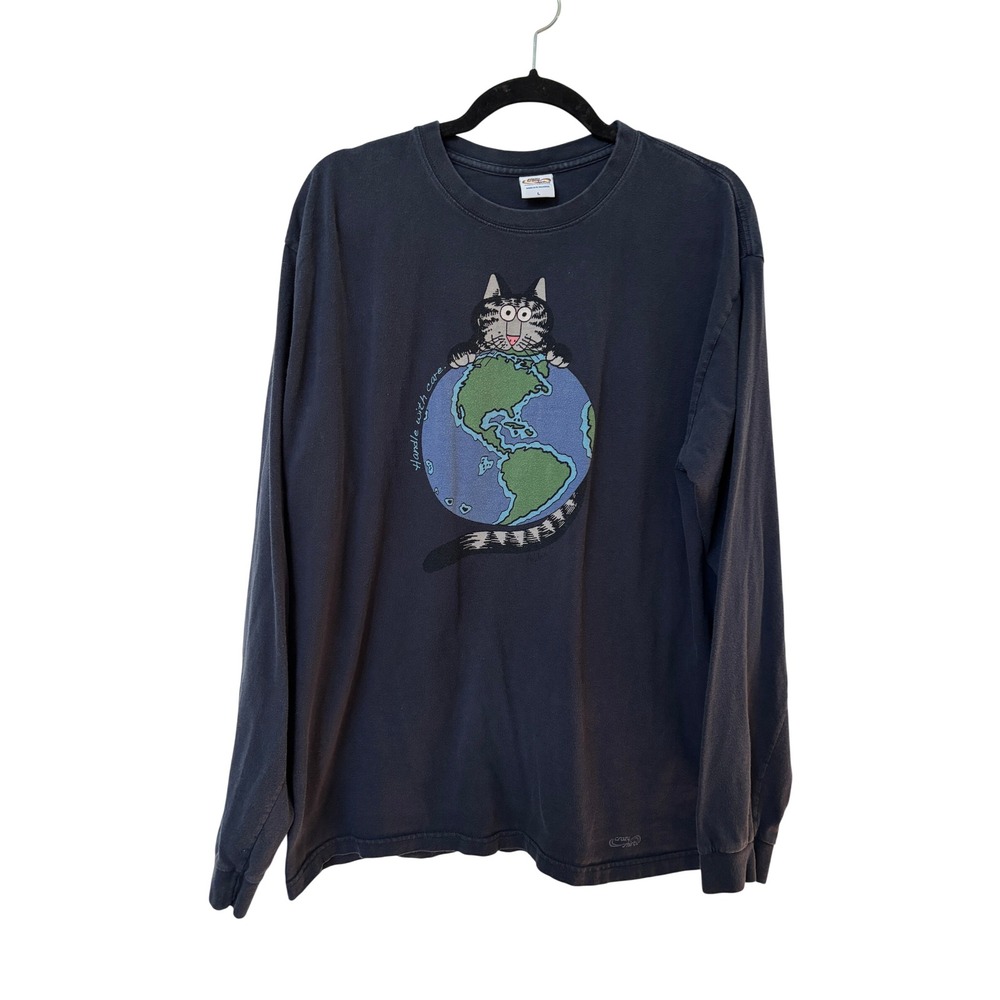 Crazy Shirts Hawaii Kliban Cat Earth Handle With Care Long Sleeve Tee Navy L